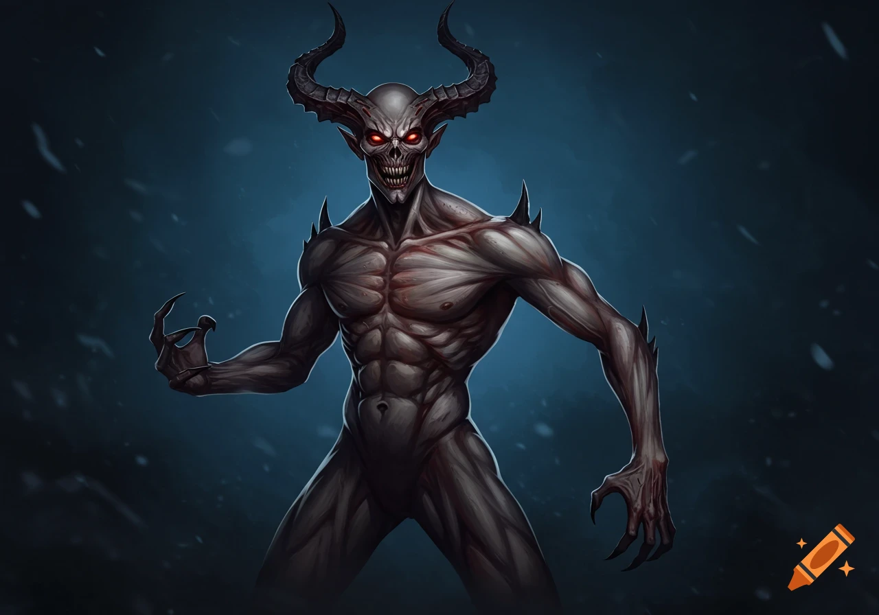 A skinny muscled demon with red eyes and large horns, standing on a dark background.