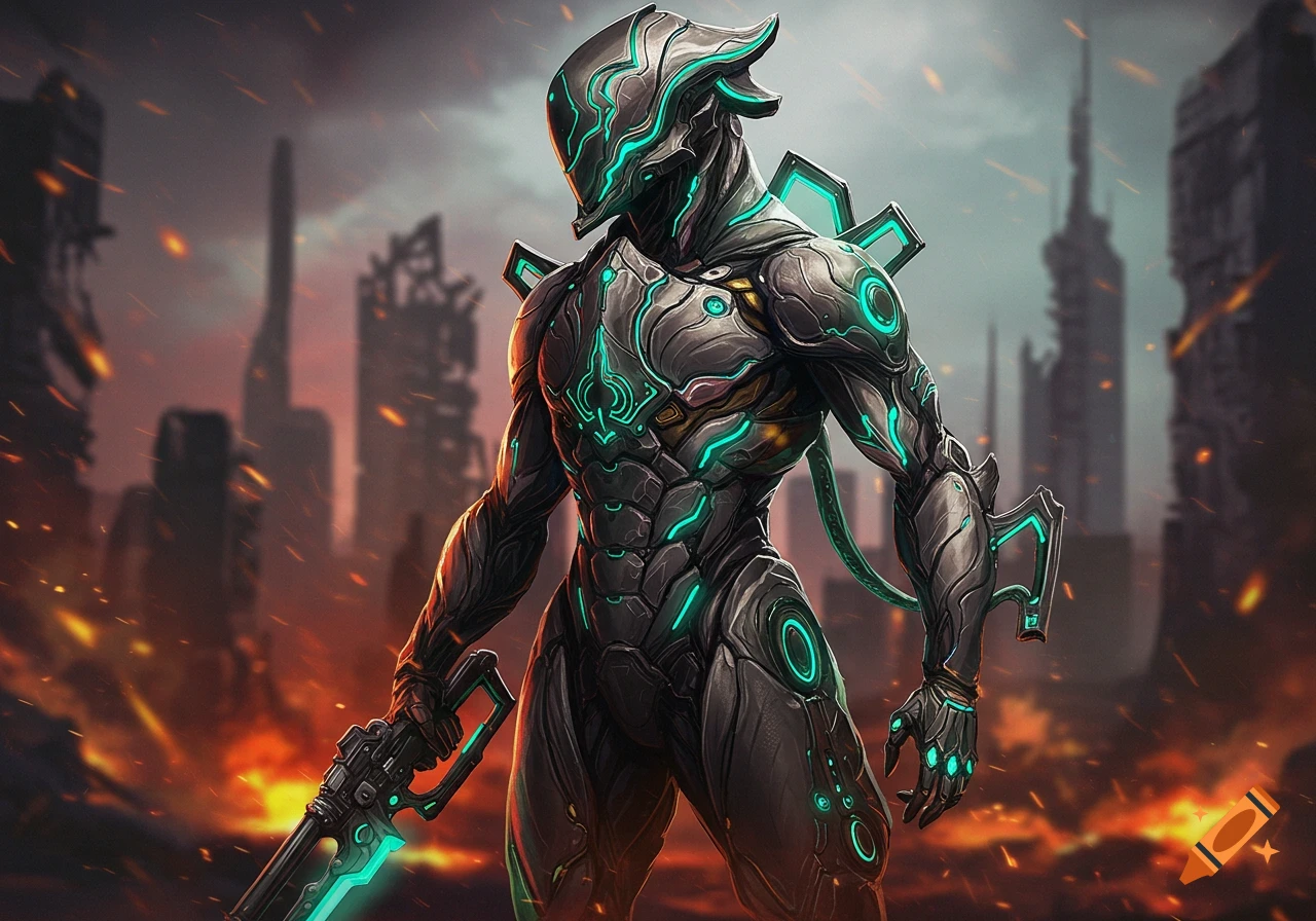 A futuristic armored figure holding a weapon in a ruined city, digital art