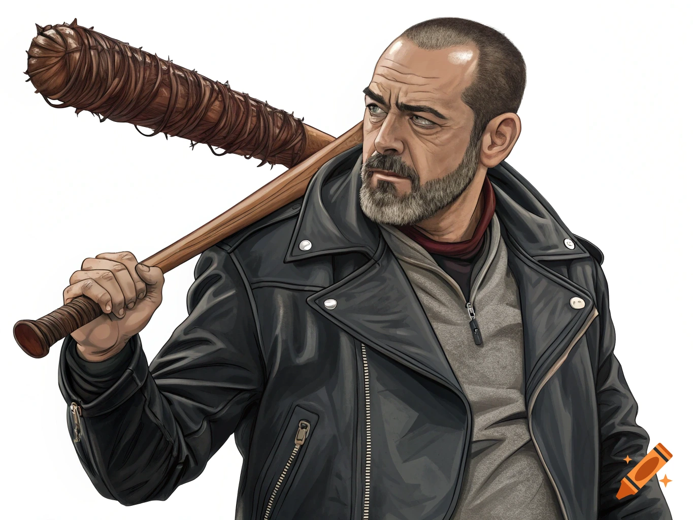 Illustration of a man resembling Negan from The Walking Dead holding a barbed wire wrapped baseball bat over his shoulder.