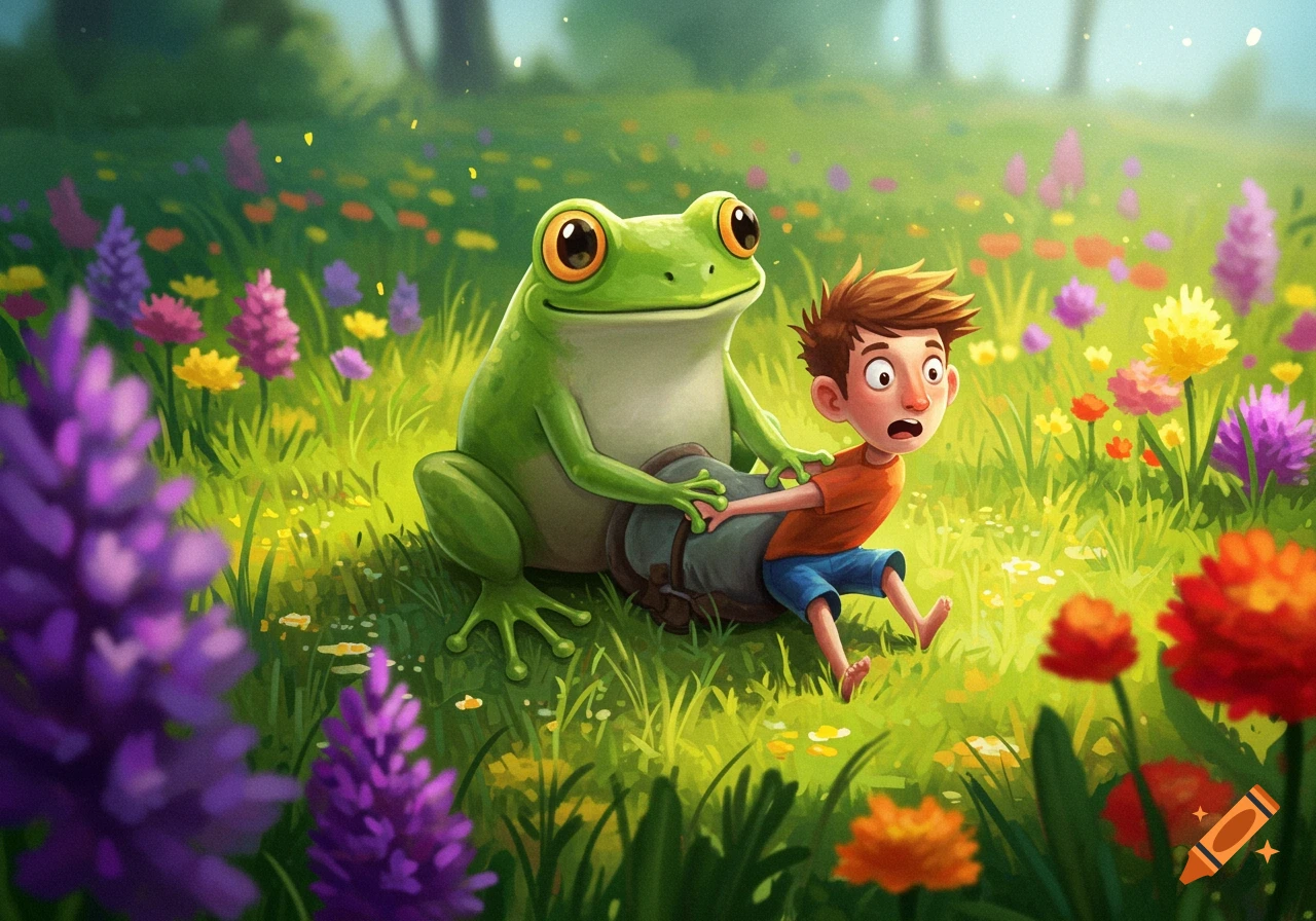 Whimsical image of a large frog holding a child's backpack in a field of colorful wildflowers.