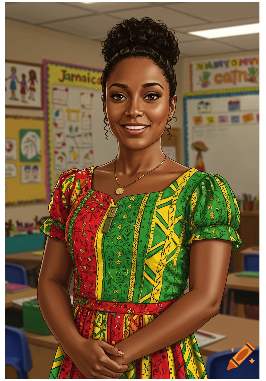 A Black woman teacher in a brightly colored dress stands in a classroom.
