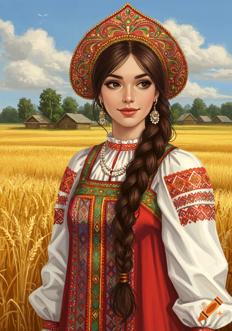 A woman in traditional Russian dress and kokoshnik stands in a wheat field.