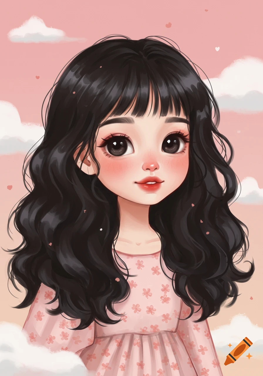 A cute girl with long black curly hair in a pink dress, against a pink sky with clouds.