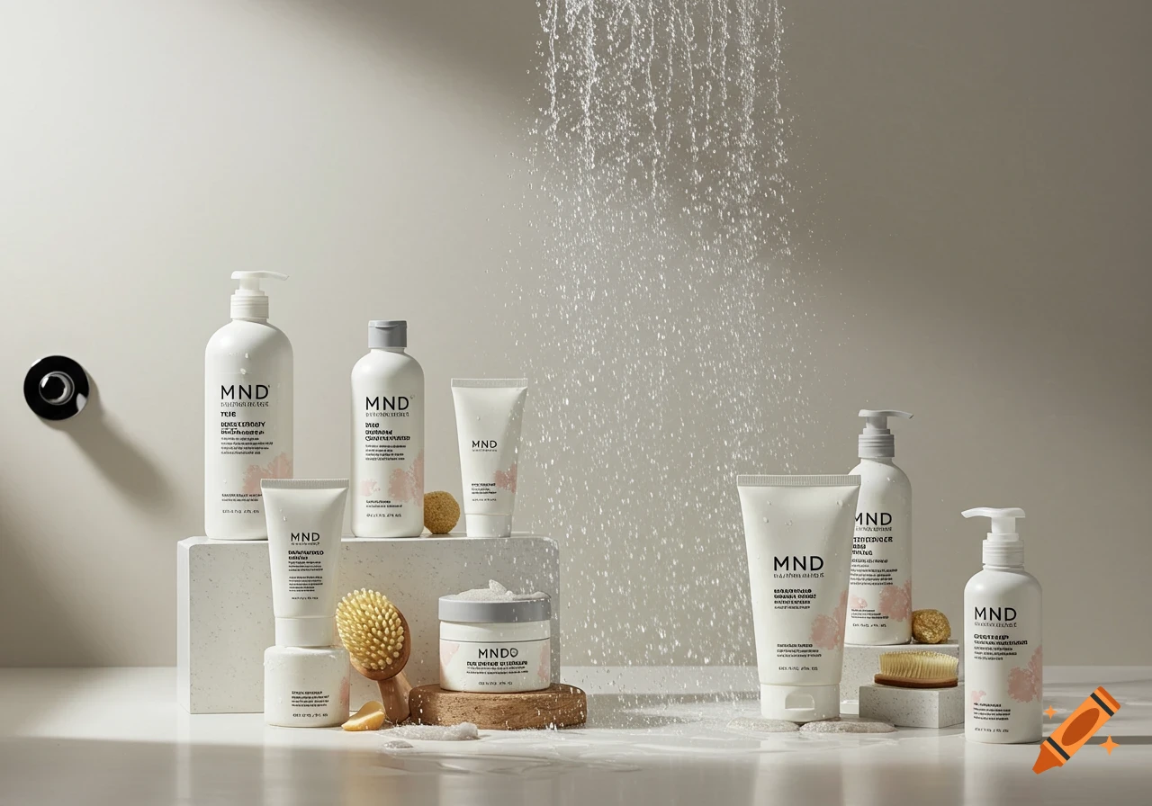 Promotional photo of white MND brand cosmetic products arranged on blocks under a shower spray in a bathroom setting.