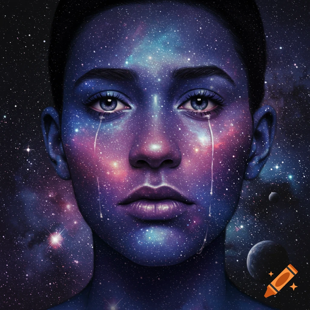 A person's face painted with stars and galaxies, with starry tears streaming down.