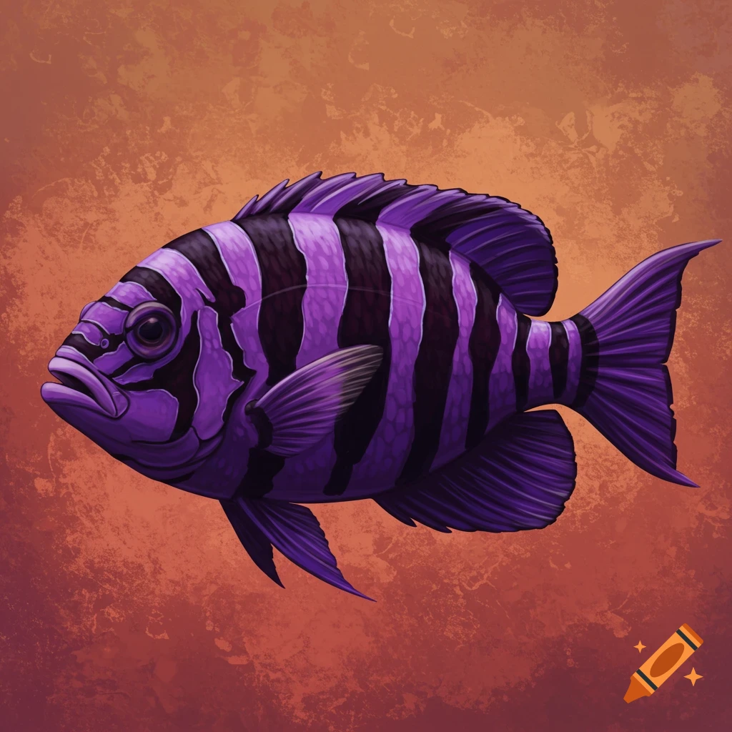 A purple and black striped fish is shown against a textured background.