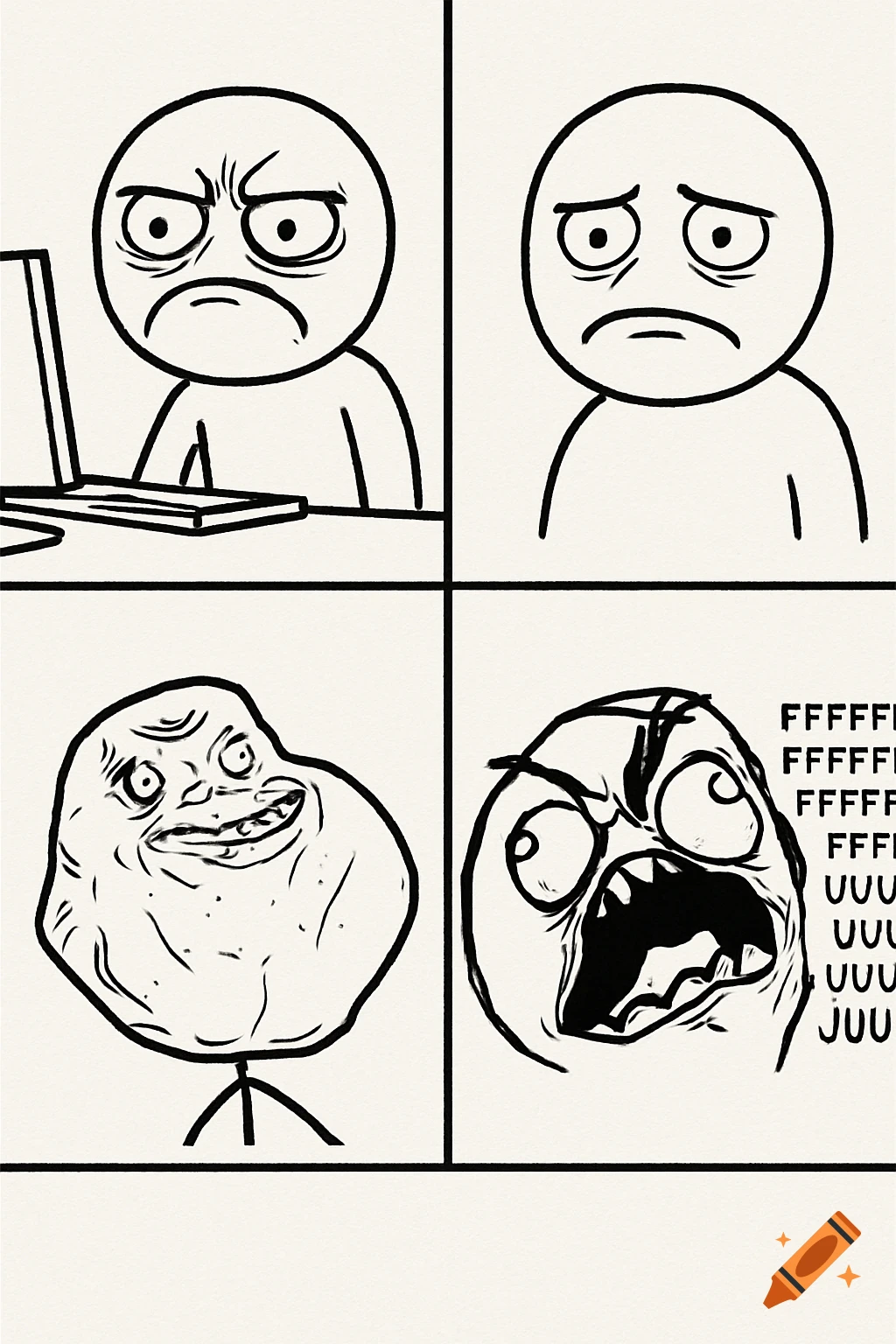 A four-panel black and white rage comic meme featuring different emotional faces and the sound effect FFFFFFFF UUUUUU JUUUUU.