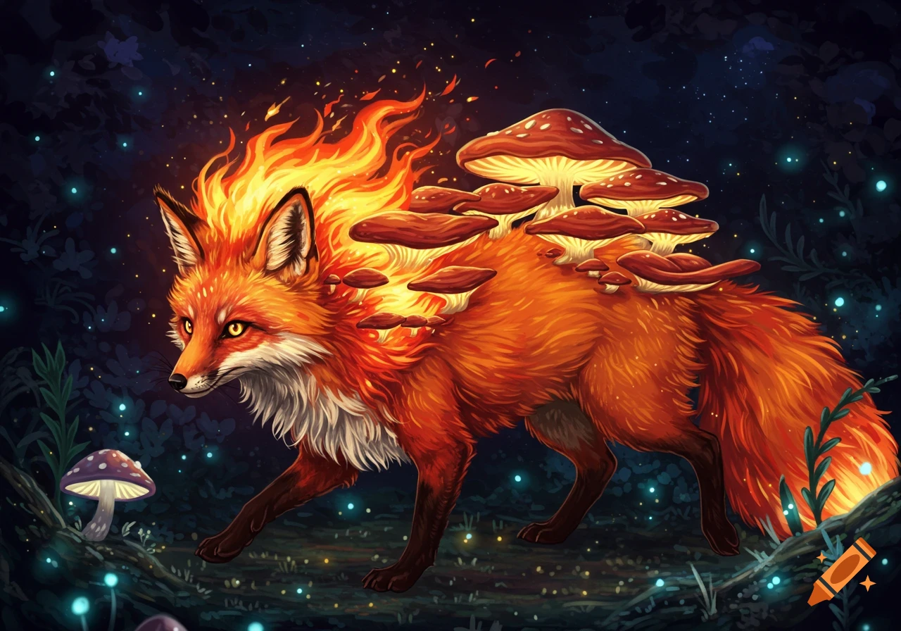 A fantasy fire fox with mushrooms growing on its back walks through a glowing forest.