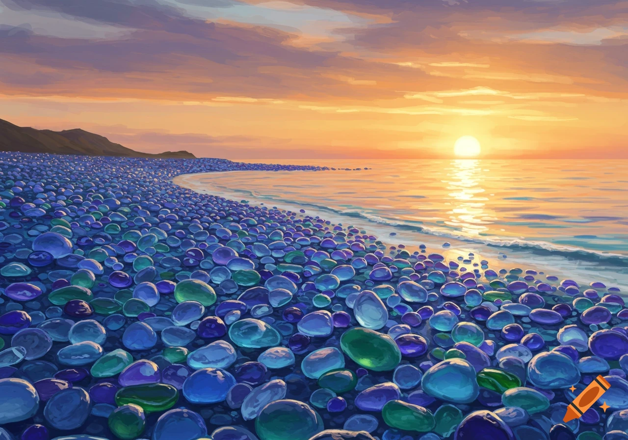 A glass pebble beach at sunset.