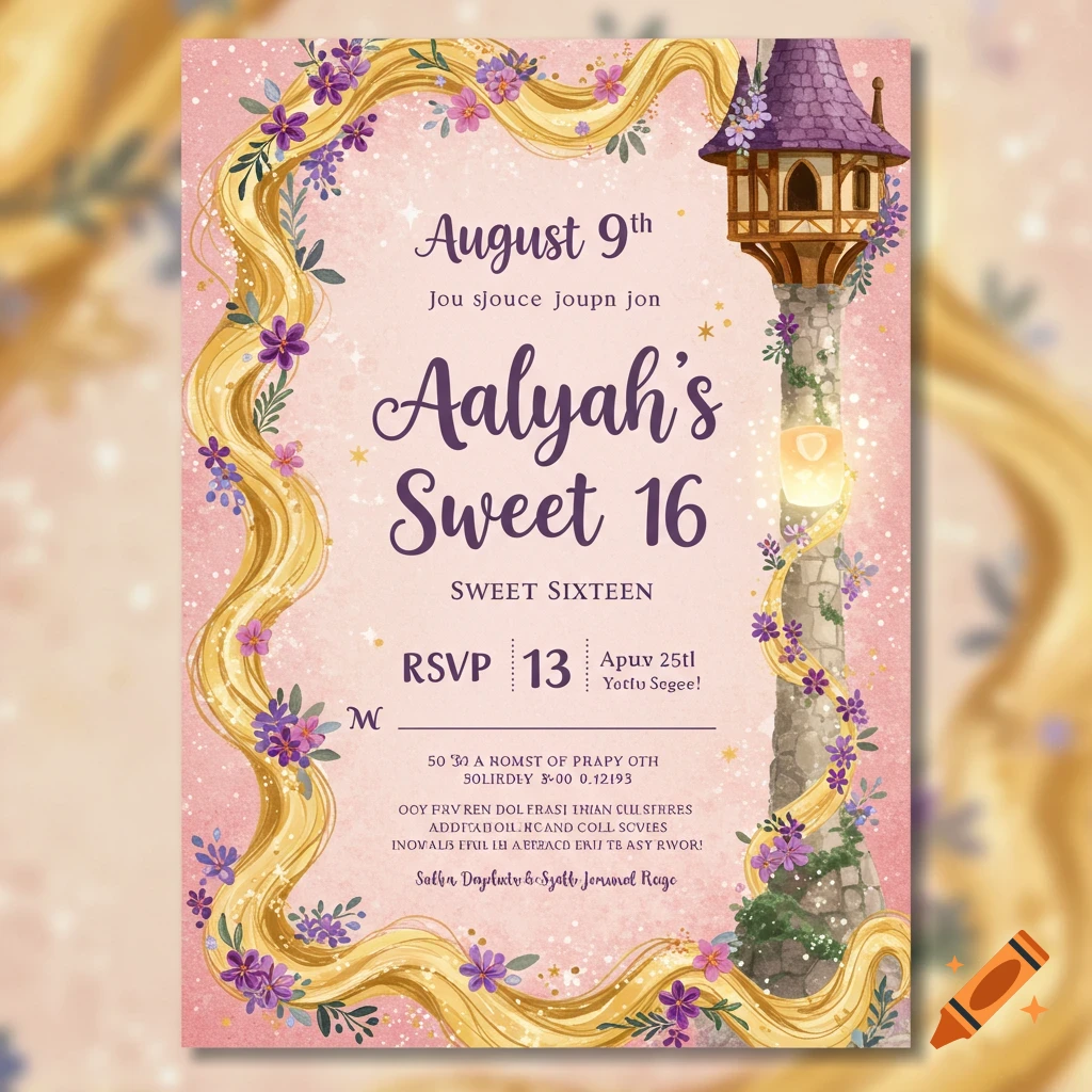 A Rapunzel-themed sweet sixteen invitation with blonde hair border, tower, and event details.