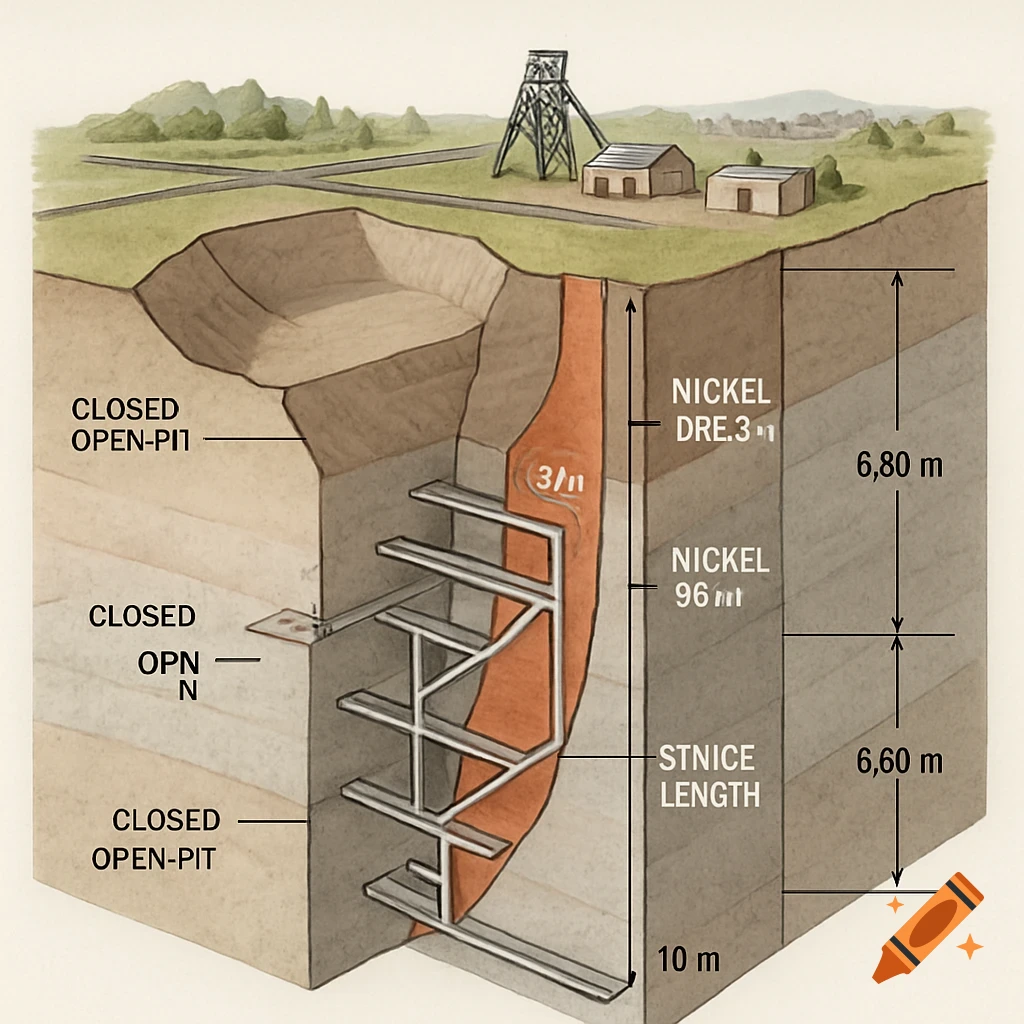 Illustration of a cross-section of an underground mine with open pits, shafts, support structures, geological layers, and text labels for dimensions and features.