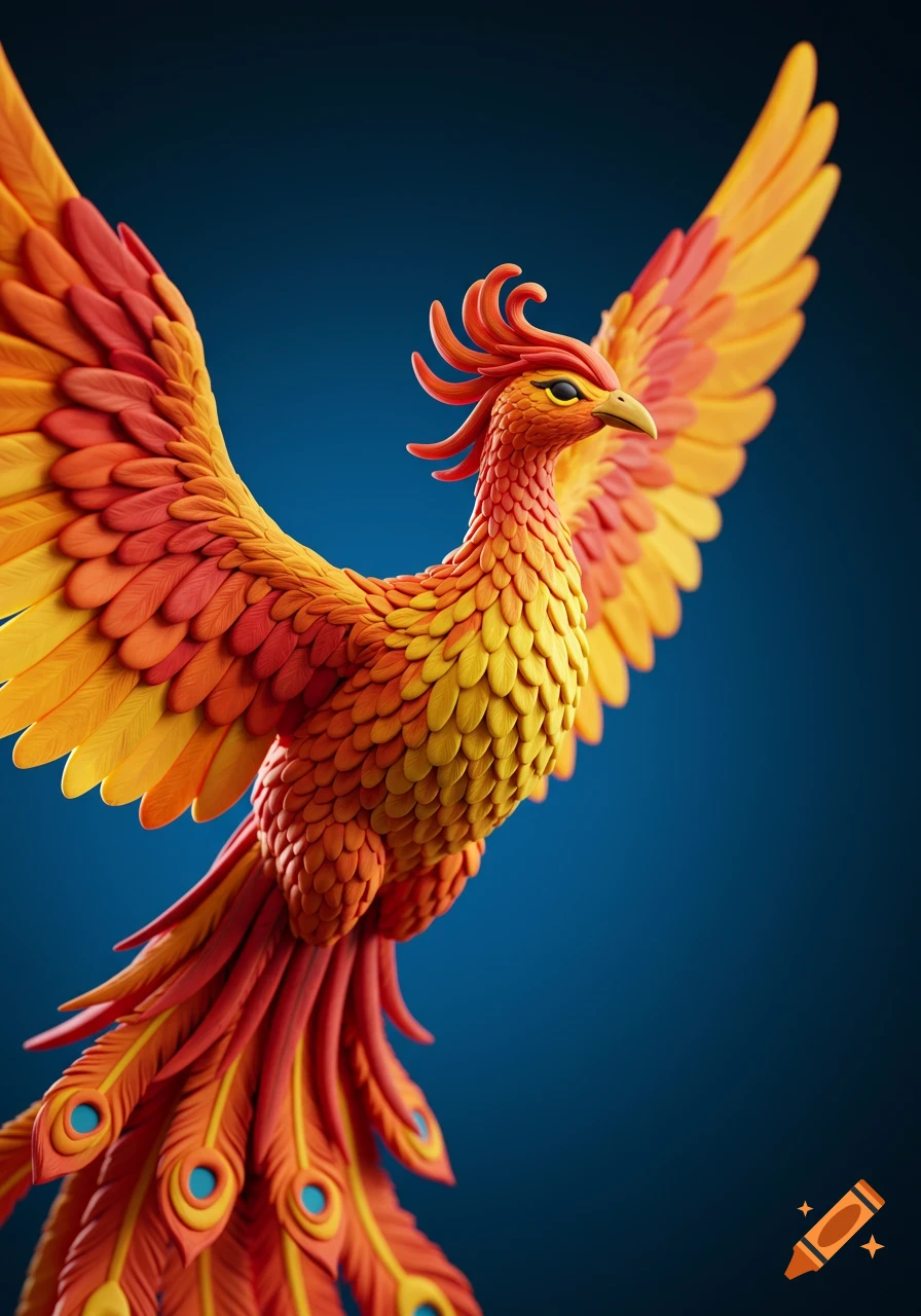A plasticine phoenix with red and orange feathers spreads its wings.