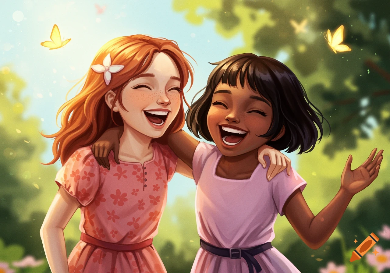 Two laughing girls in a sunny meadow with butterflies, illustration style