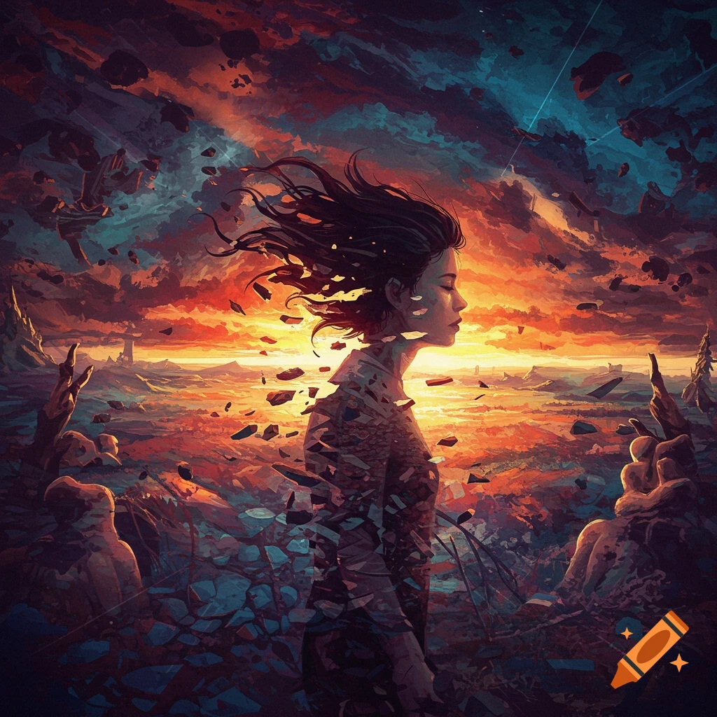 A person fragmenting against a dramatic sunset sky and rocky landscape.