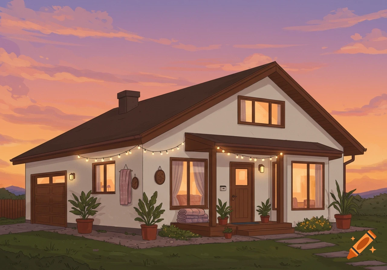 Single story house with string lights and potted plants under a vibrant sunset sky.