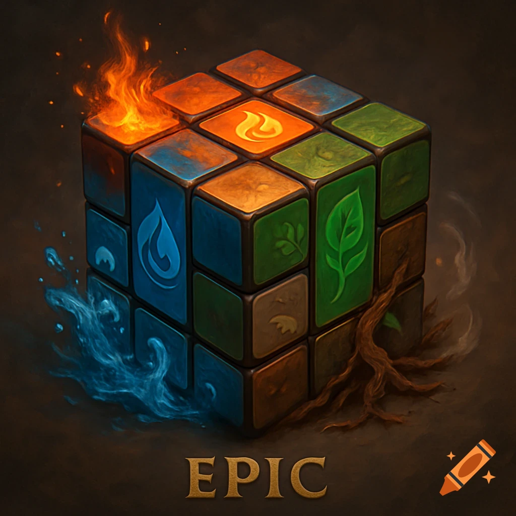 A Rubik's cube with elemental symbols (fire, water, earth, air) and effects, with 'EPIC' text.