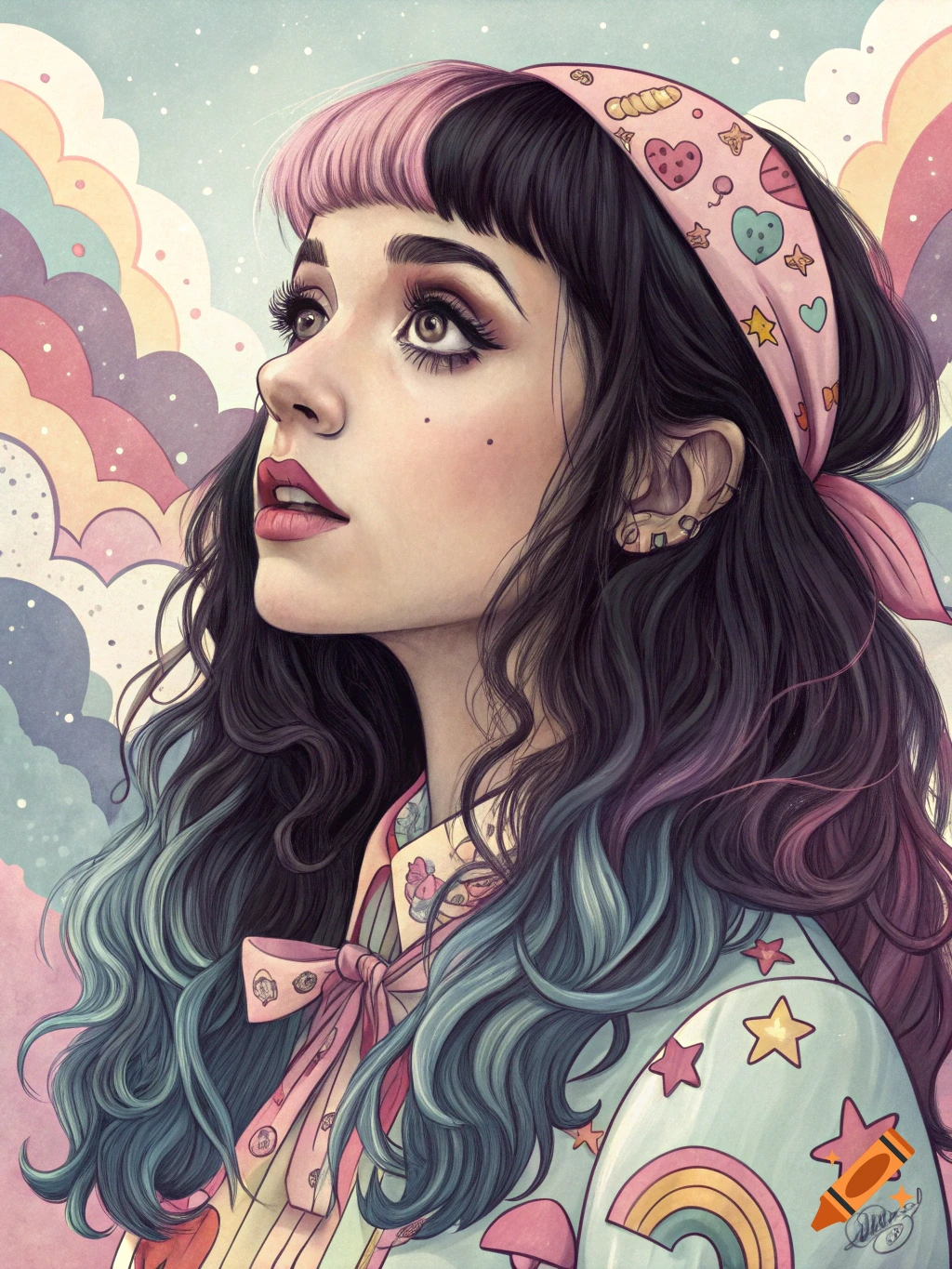 Stylized artistic portrait of a woman with split pink and black hair looking up, set against colorful clouds.