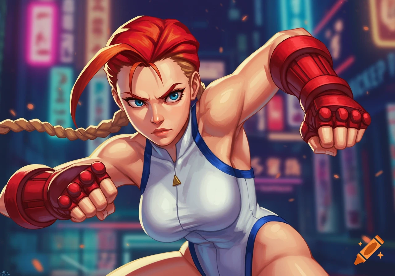 Cammy from Street Fighter in a fighting pose against a blurred city background.