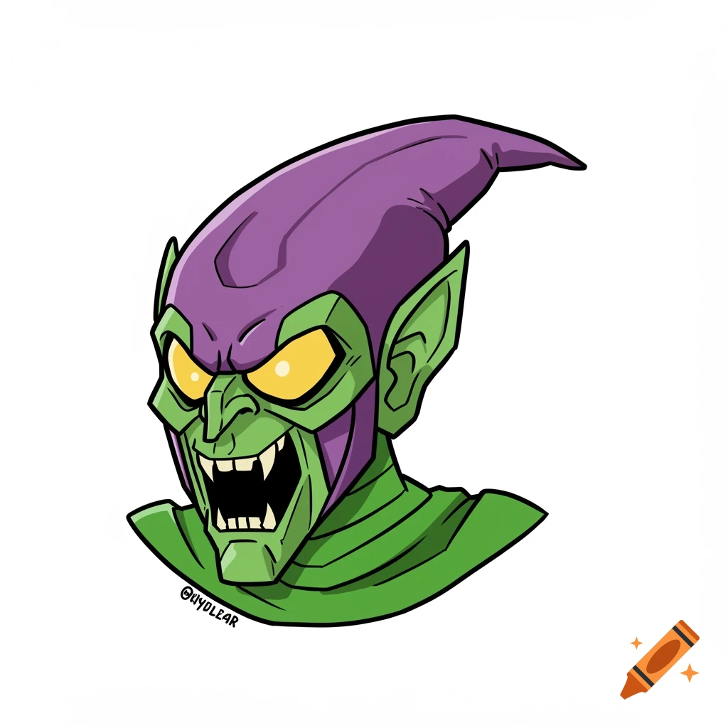 Cartoon head of the Green Goblin with green skin, sharp teeth, purple hood, and yellow eyes.