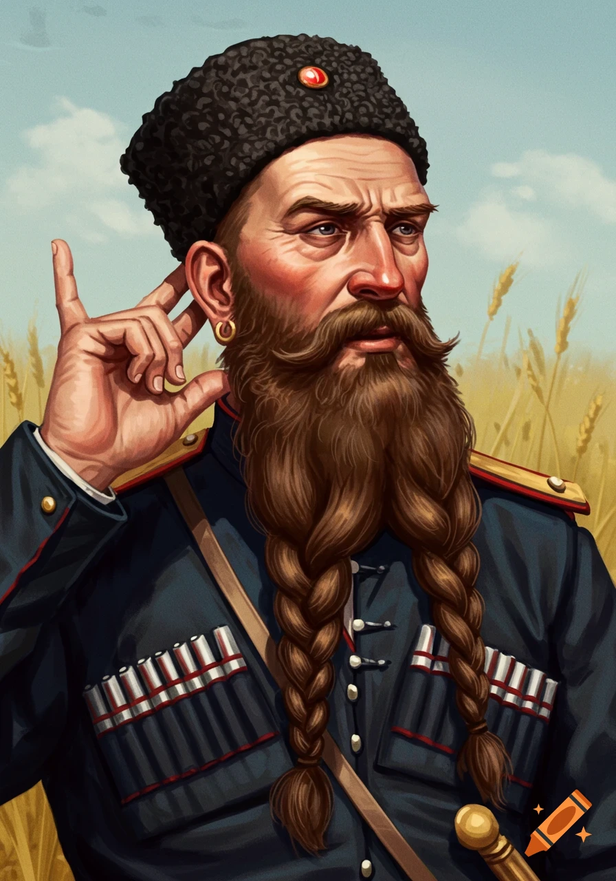 A Cossack man with a braided beard and furry hat is standing in a field.