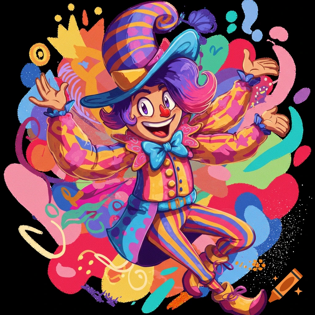 Colorful illustration of a cheerful clown character in a striped suit with abstract splashes