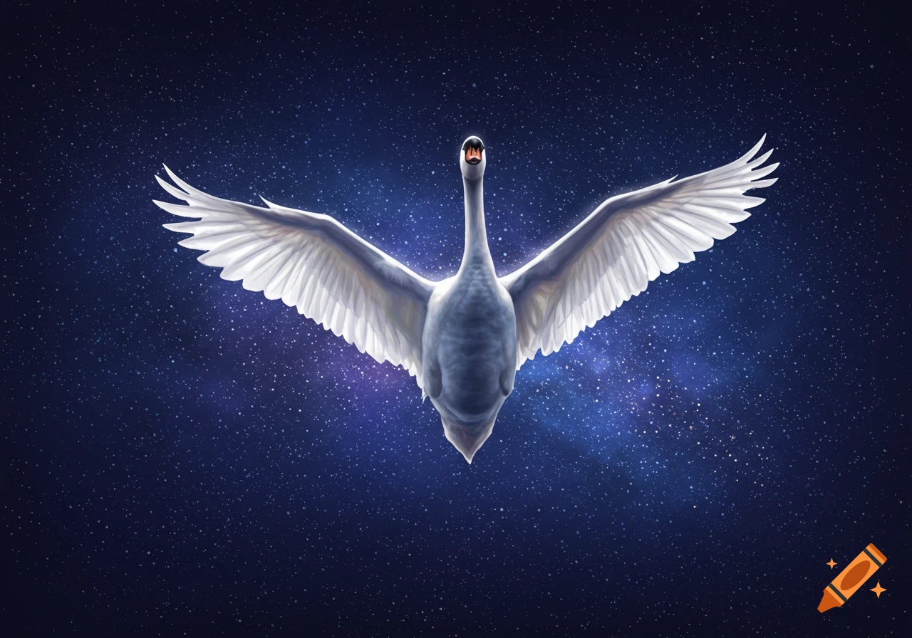 A white swan flying with spread wings against a starry night sky.