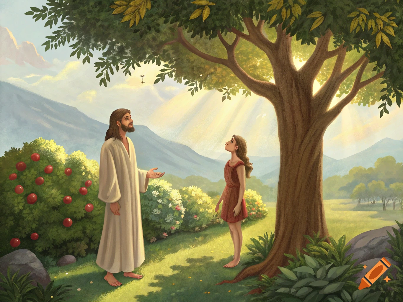 Illustration of two figures, possibly Jesus and Eve, standing under a tree in a garden, with a fruit-laden tree nearby.