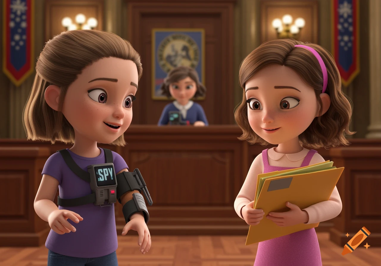 Two cartoon girls play spy in City Hall, one with a gadget, the other with documents.