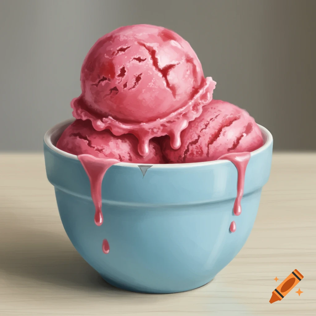 Strawberry ice cream melting in a blue bowl
