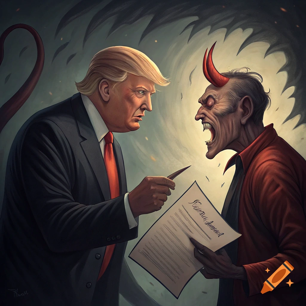 Illustration of Donald Trump pointing at a document held by a devil figure in a dramatic style.