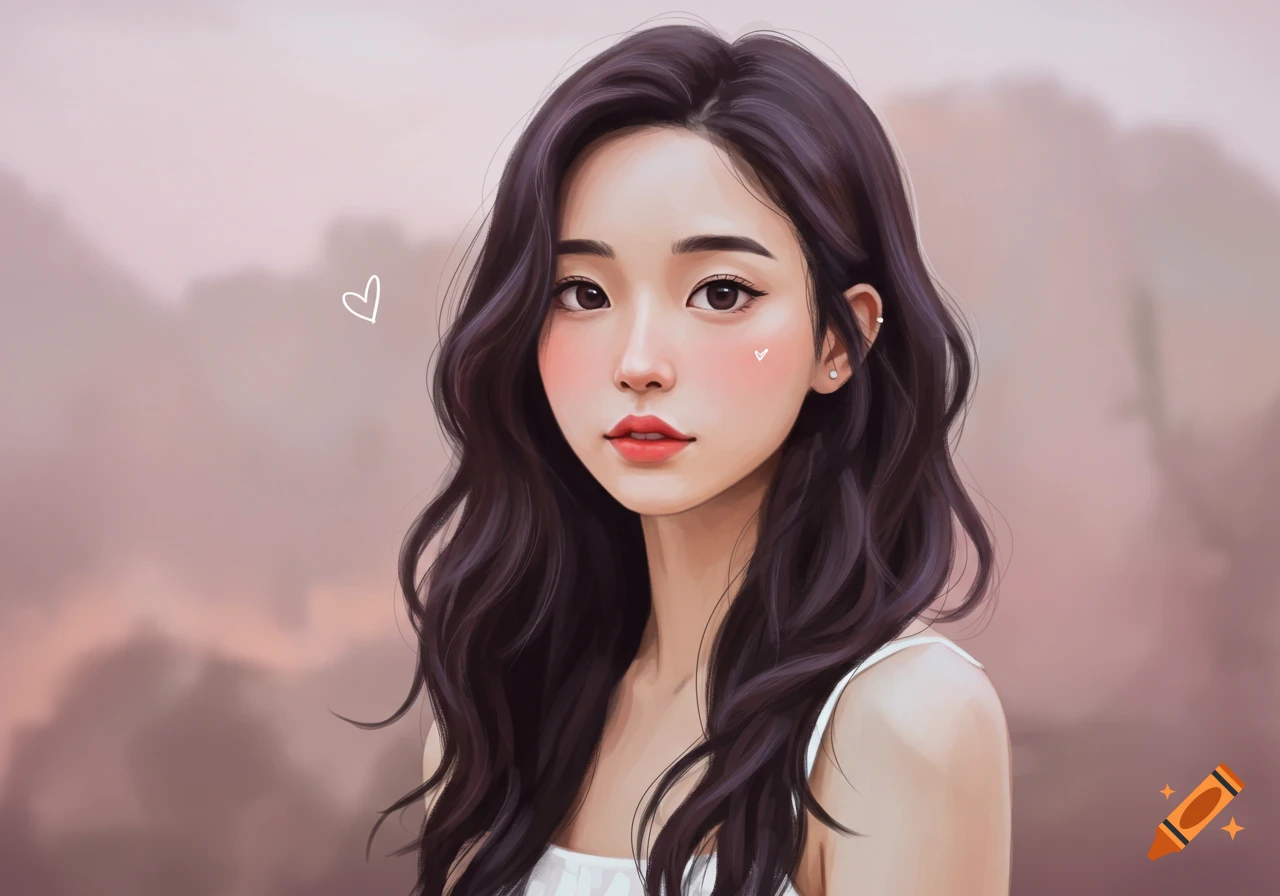 Asian woman with dark wavy hair and heart shapes