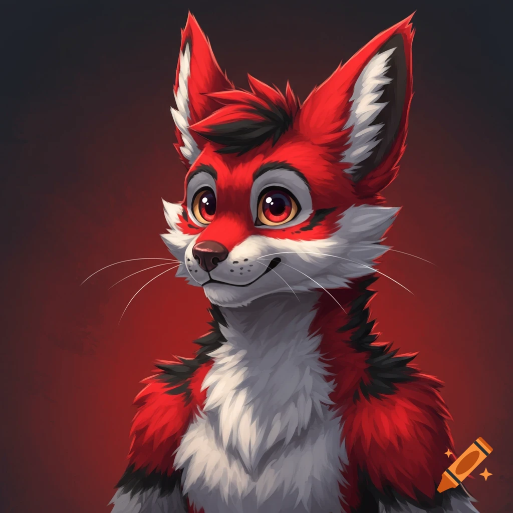 Headshot portrait of a red and white fox furry character in a digital art style.
