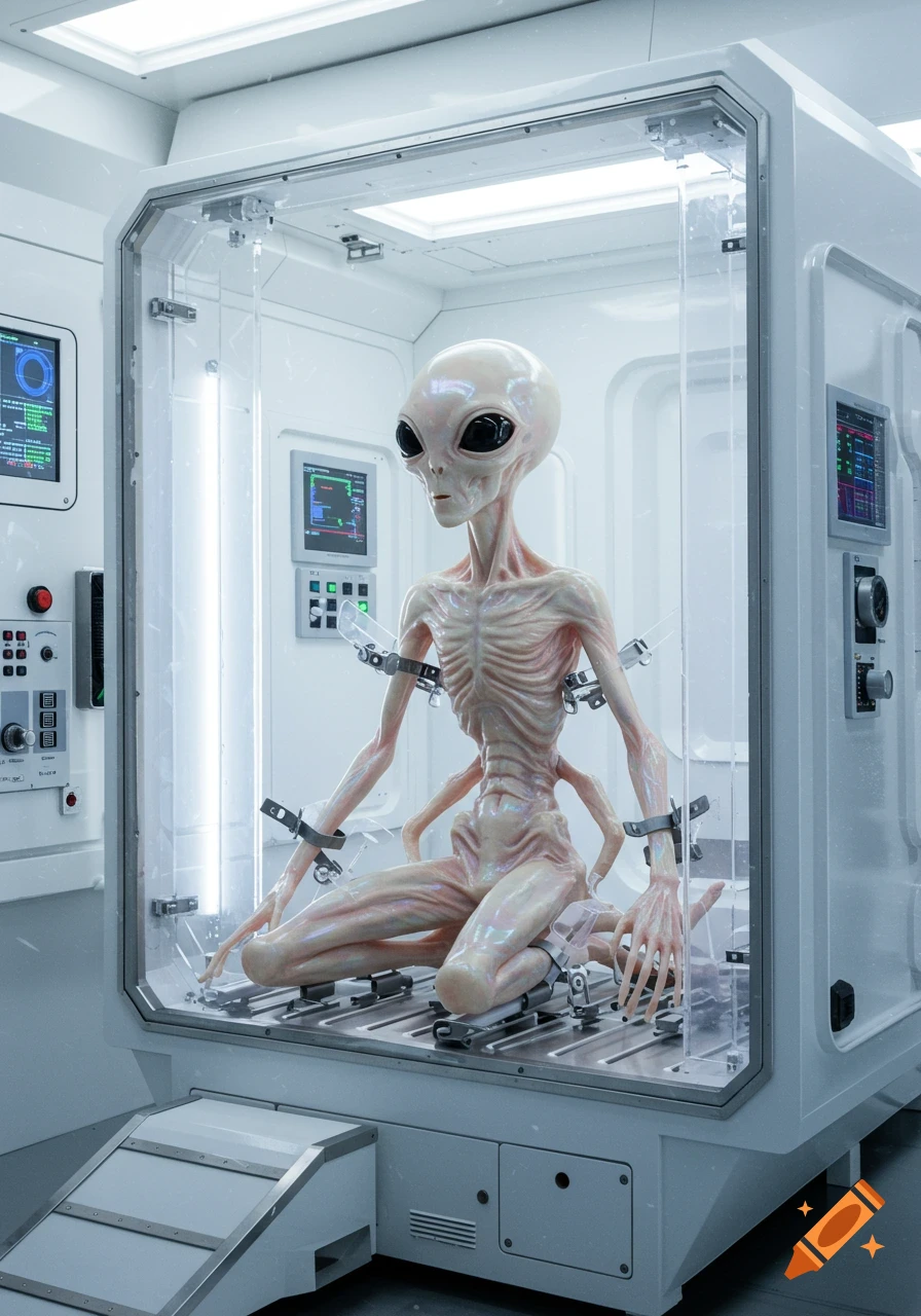 Photorealistic alien creature restrained in a sterile containment unit with screens.
