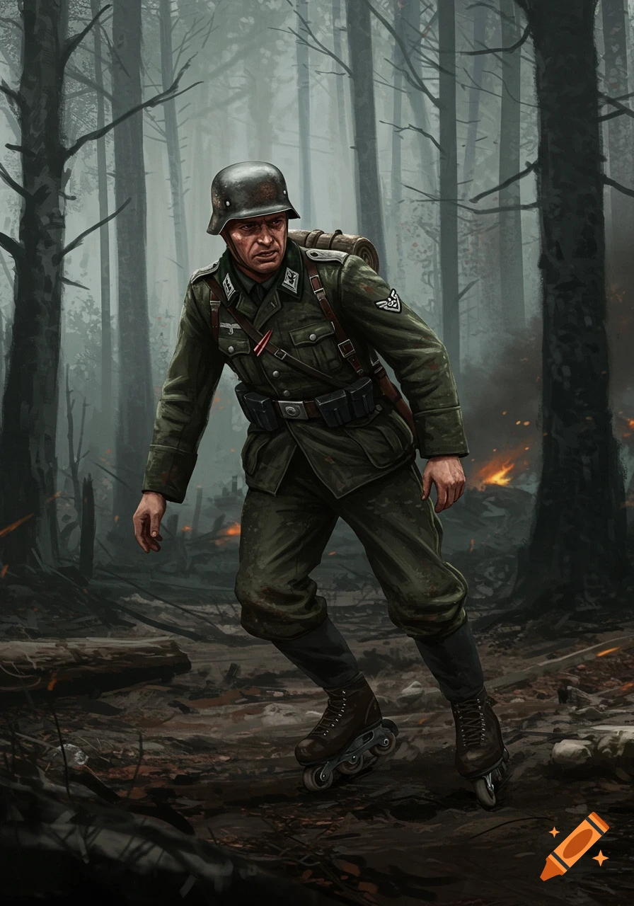 A WWII German soldier wearing rollerblades in a forest battlefield.