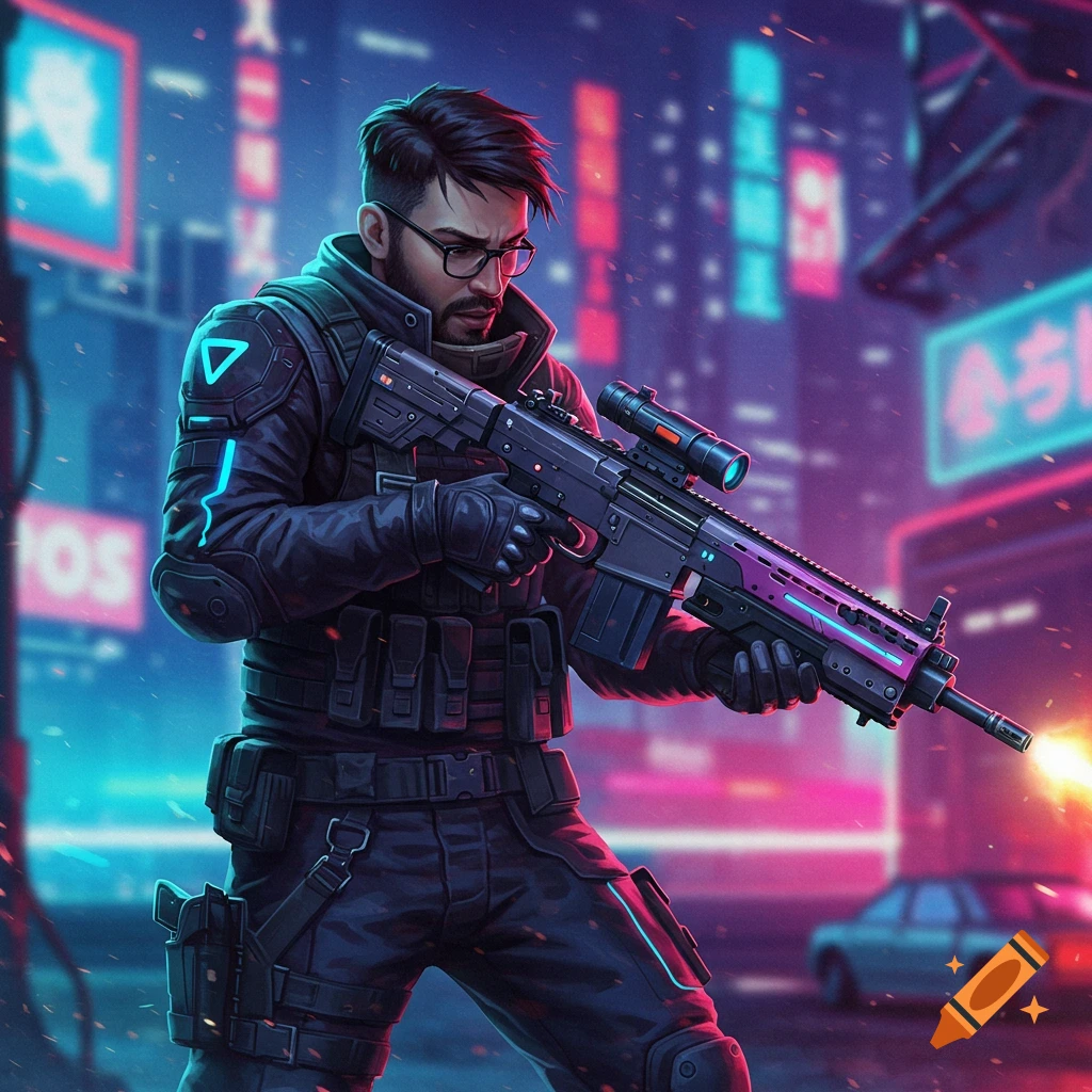 A man in tactical gear stands with a rifle in a neon cyberpunk city.