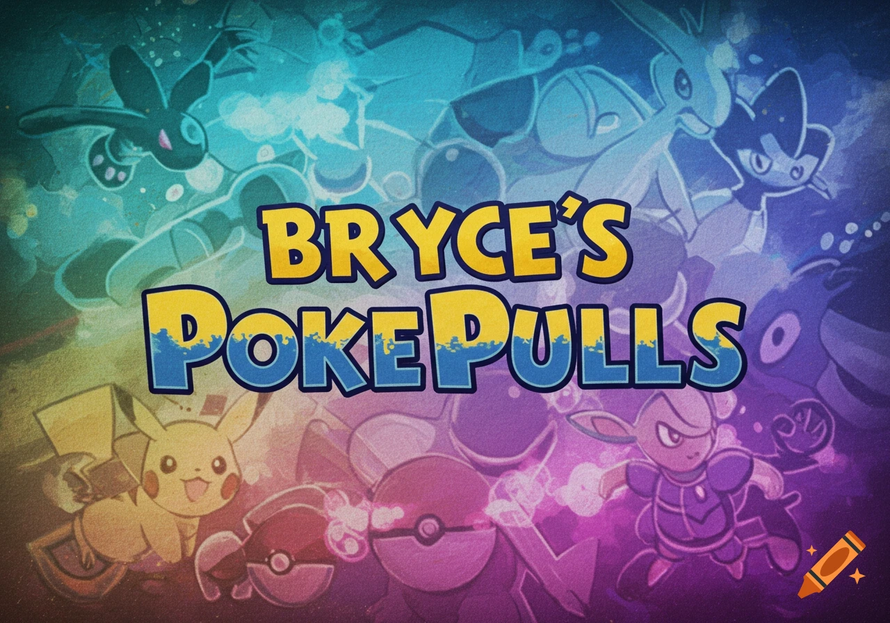 Text "Bryce's PokePulls" over a colorful background featuring stylized Pokemon characters like Pikachu.