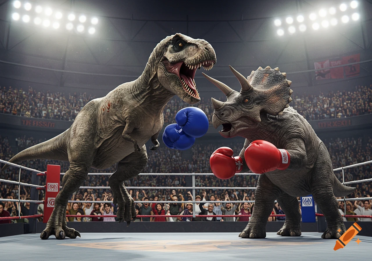 Realistic depiction of a T-Rex and Triceratops boxing in a stadium.