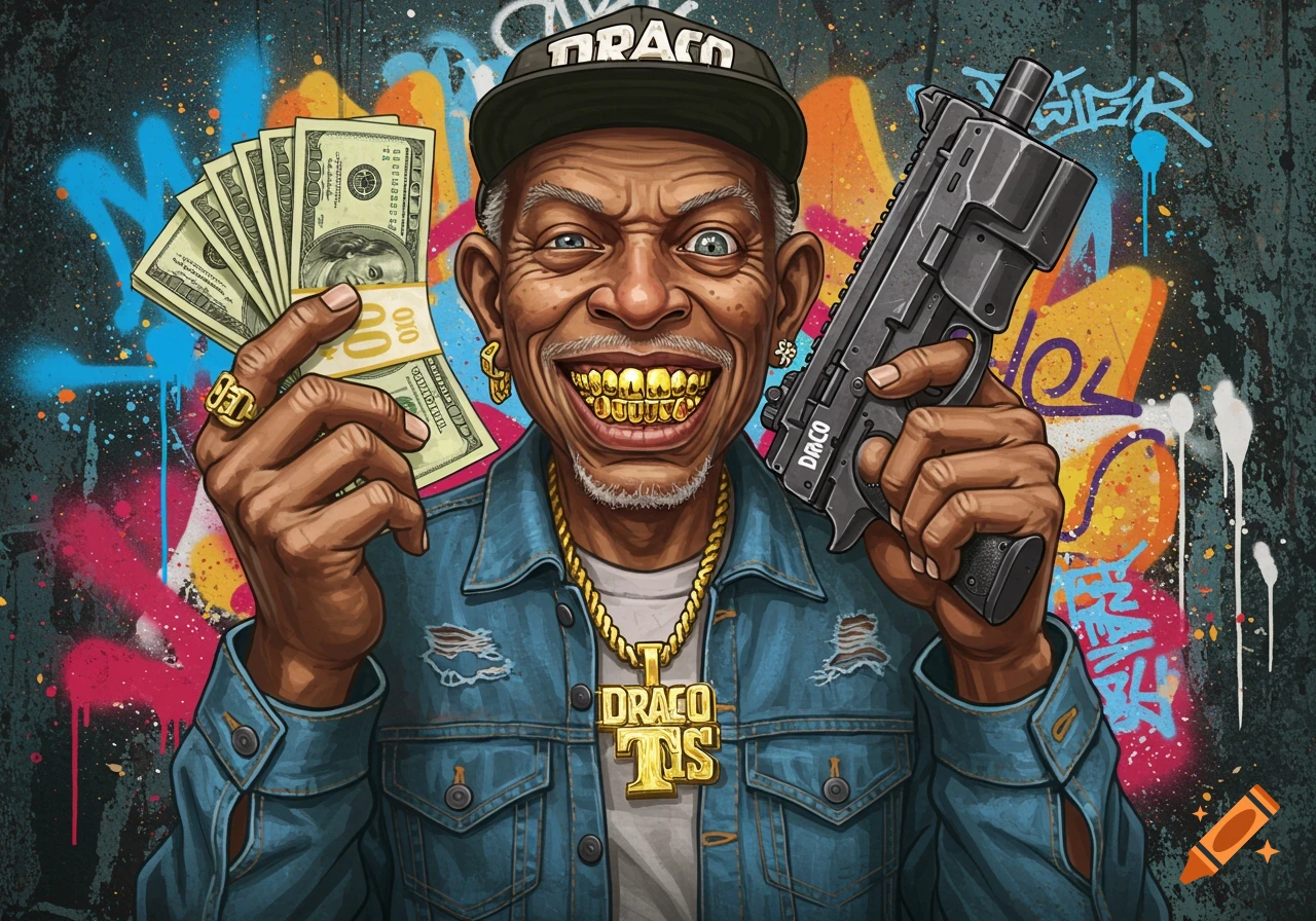 An old man with gold grills holds a wad of money and a gun in front of a graffiti background.