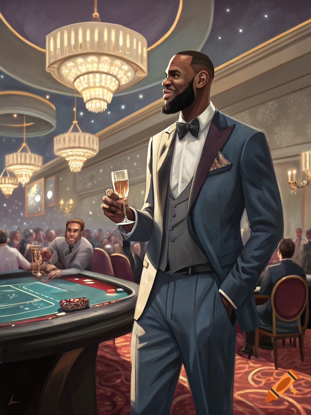 LeBron James in a suit holds a drink in a casino.