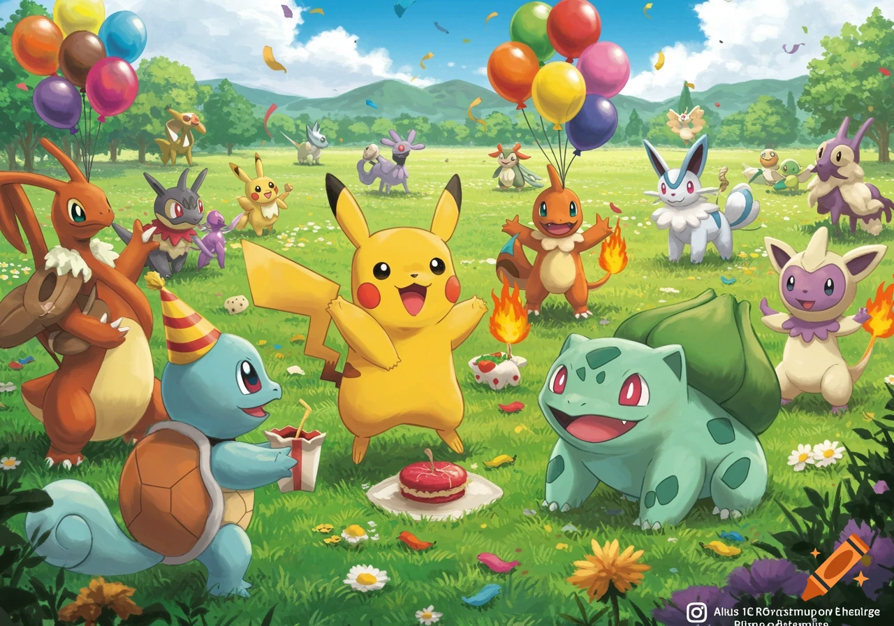 Pikachu, Charmander, Squirtle, Bulbasaur, and other Pokemon characters celebrate a party in a meadow with balloons and confetti.