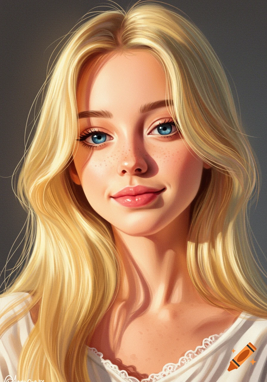 Portrait of a young blonde woman with blue eyes and freckles