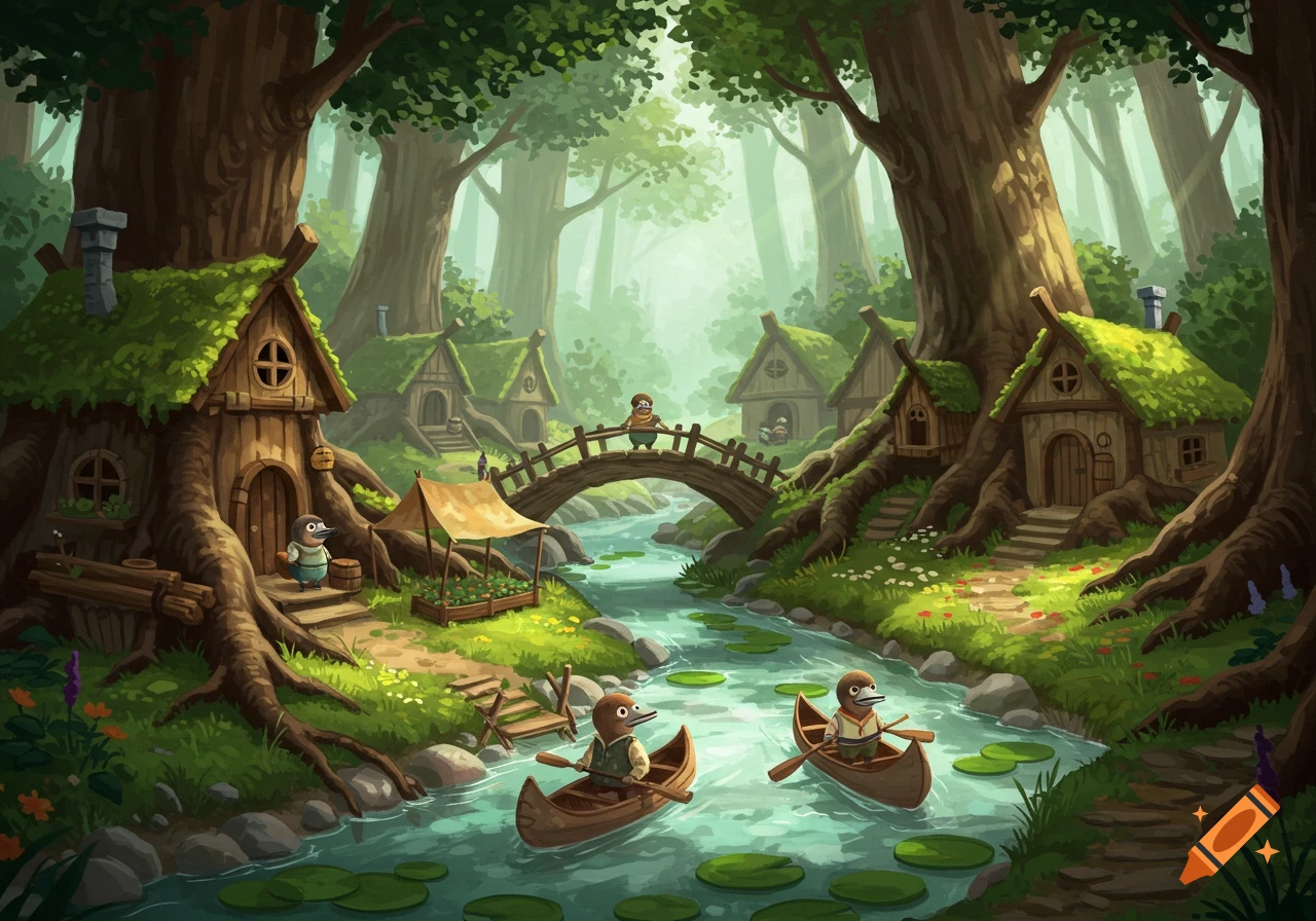 Fantasy forest village with platypuses in boats and on a bridge.