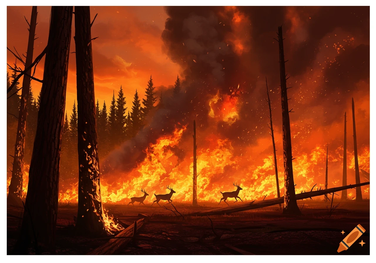A forest fire with three deer running through the burning landscape.