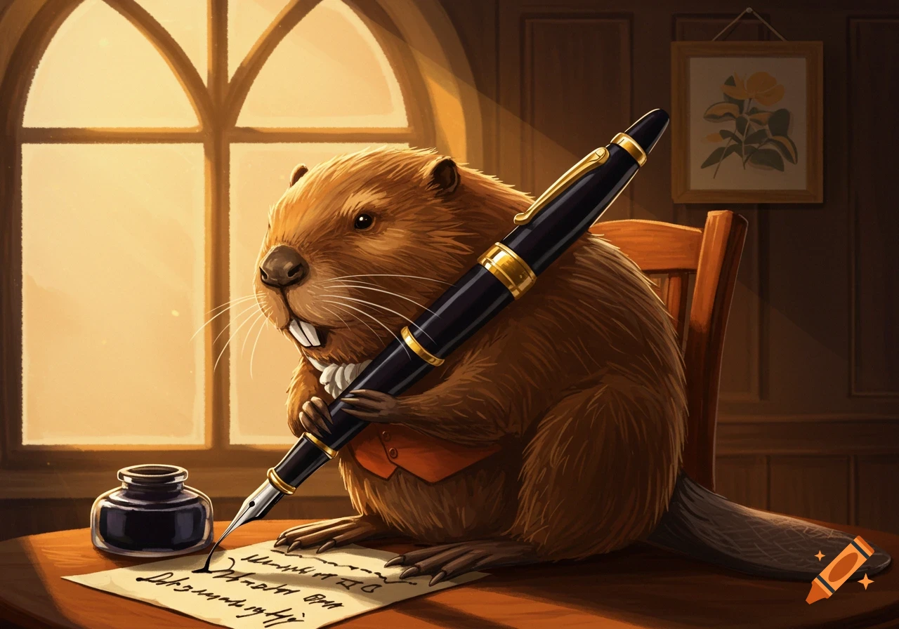 A beaver in a waistcoat writing with a fountain pen.