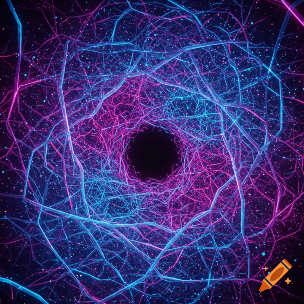 Abstract painting of a glowing network of blue and pink lines forming a tunnel.
