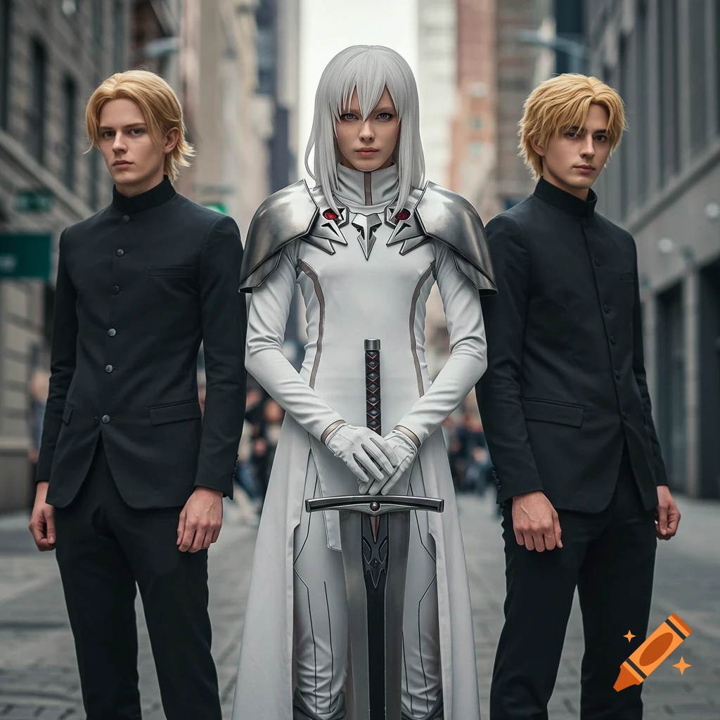 A woman in white armor with a sword stands between two men in black suits in a city street.