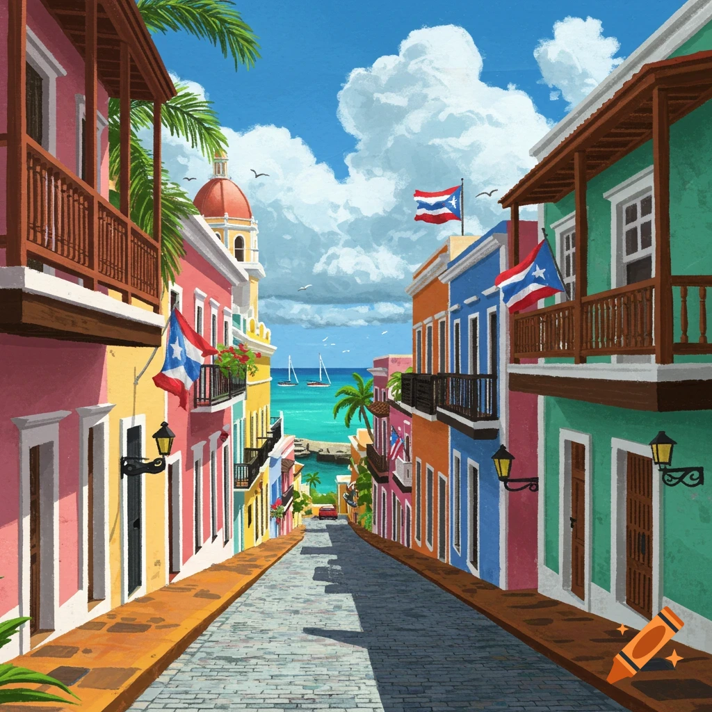 A vibrant street in Puerto Rico leading down to the ocean is filled with color.
