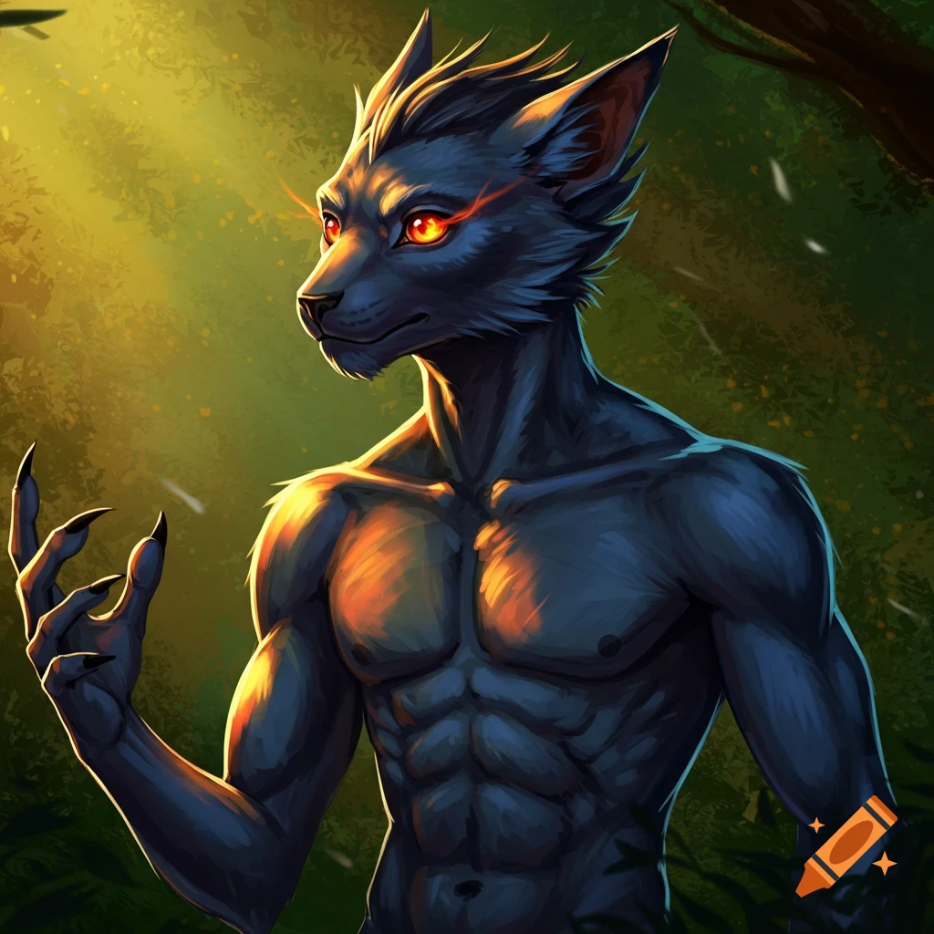 A muscular anthropomorphic wolf creature is in a sunlit forest.