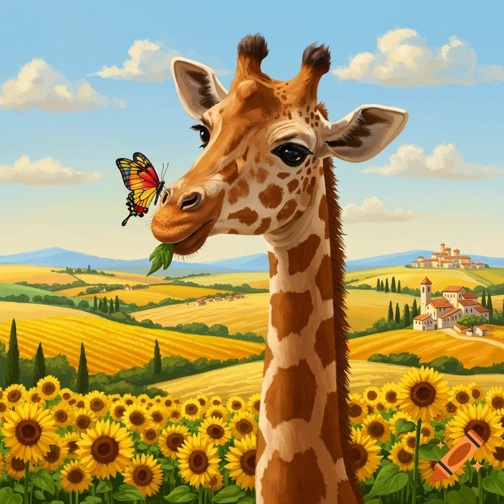 A giraffe with a butterfly on its nose stands in a sunflower field with Italian buildings.