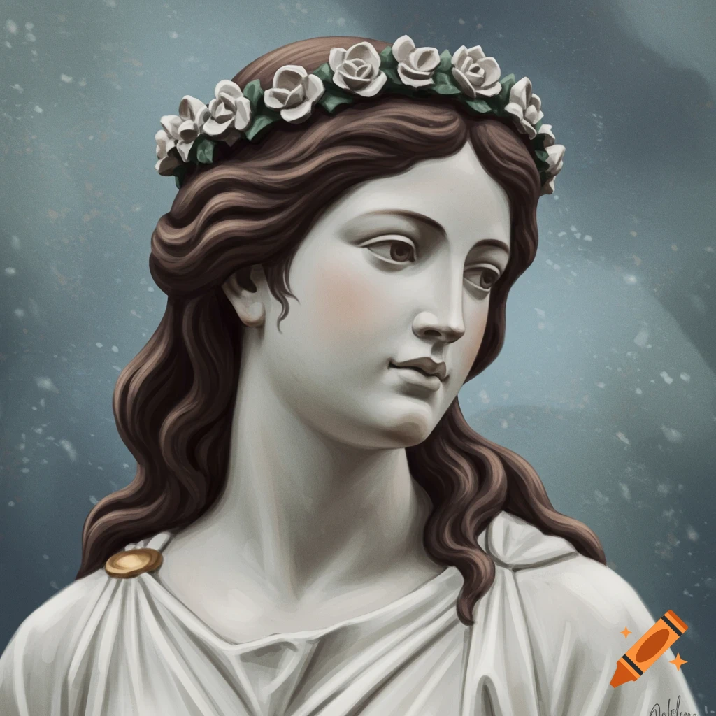 A statue of a woman wearing a crown of white roses.